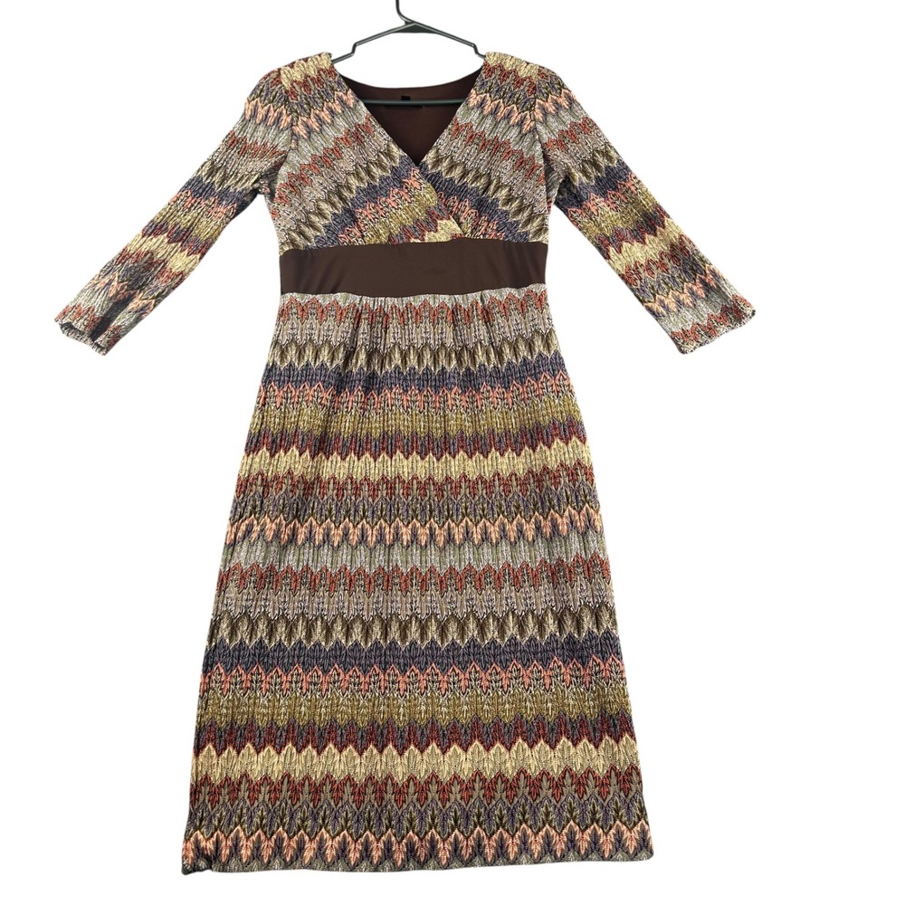 Chris McLaughlin Brown Chevron Knit Empire Waist Maxi Dress Long Sleeve Size 6